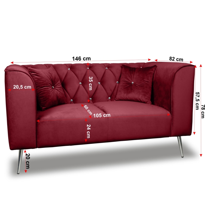 Sofa skandynawska dwuosobowa na wysokich metalowych nogach, sofa pikowana w guziki kryształowe - Kare 2-osobowa